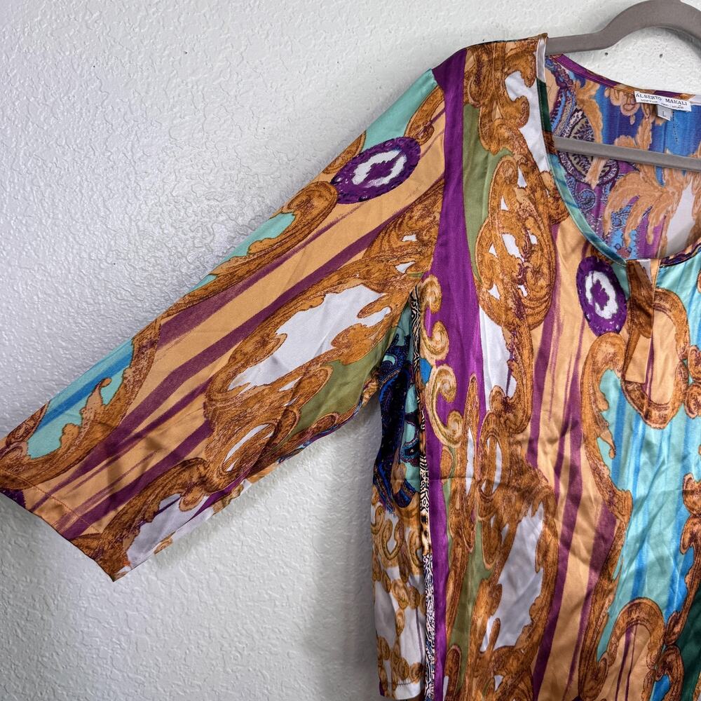 Alberto Makali Top Womens Large Silk Baroque Print Blouse Boho Artsy Chic Resort - Picture 6 of 12